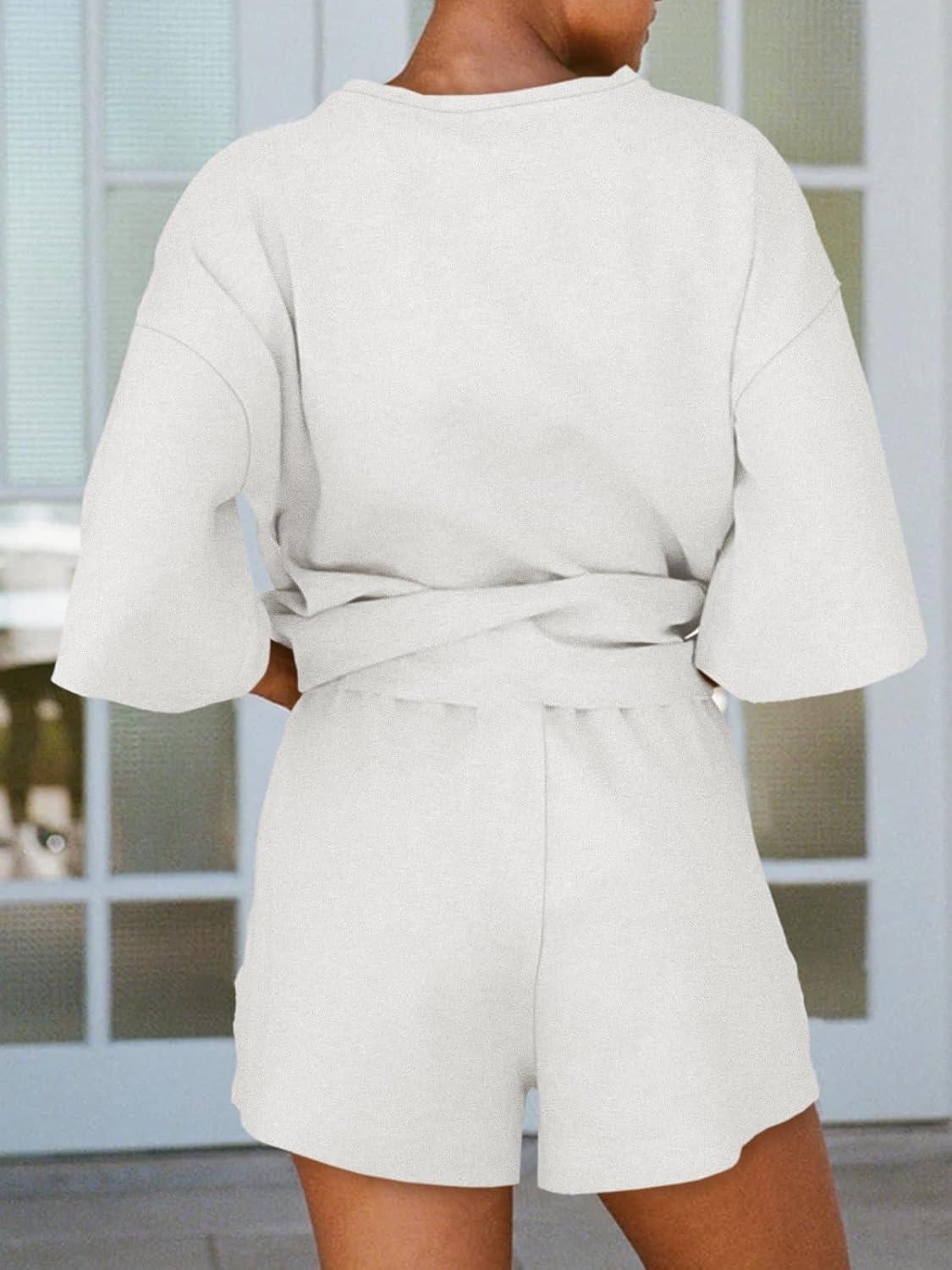 imageTankaneo Womens Pajama Sets 34 Sleeve Oversized Tops and Elastic Waist Shorts Lounge Sets LoungewearWhite