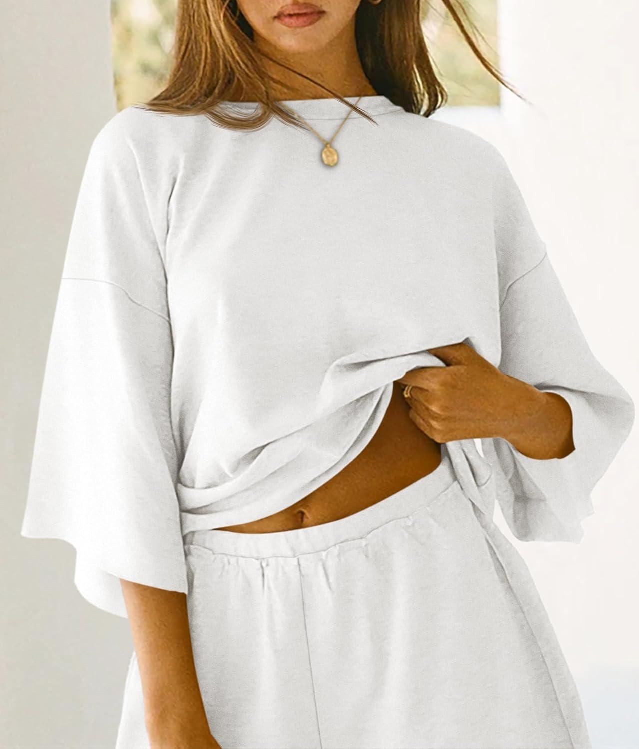 imageTankaneo Womens Pajama Sets 34 Sleeve Oversized Tops and Elastic Waist Shorts Lounge Sets LoungewearWhite