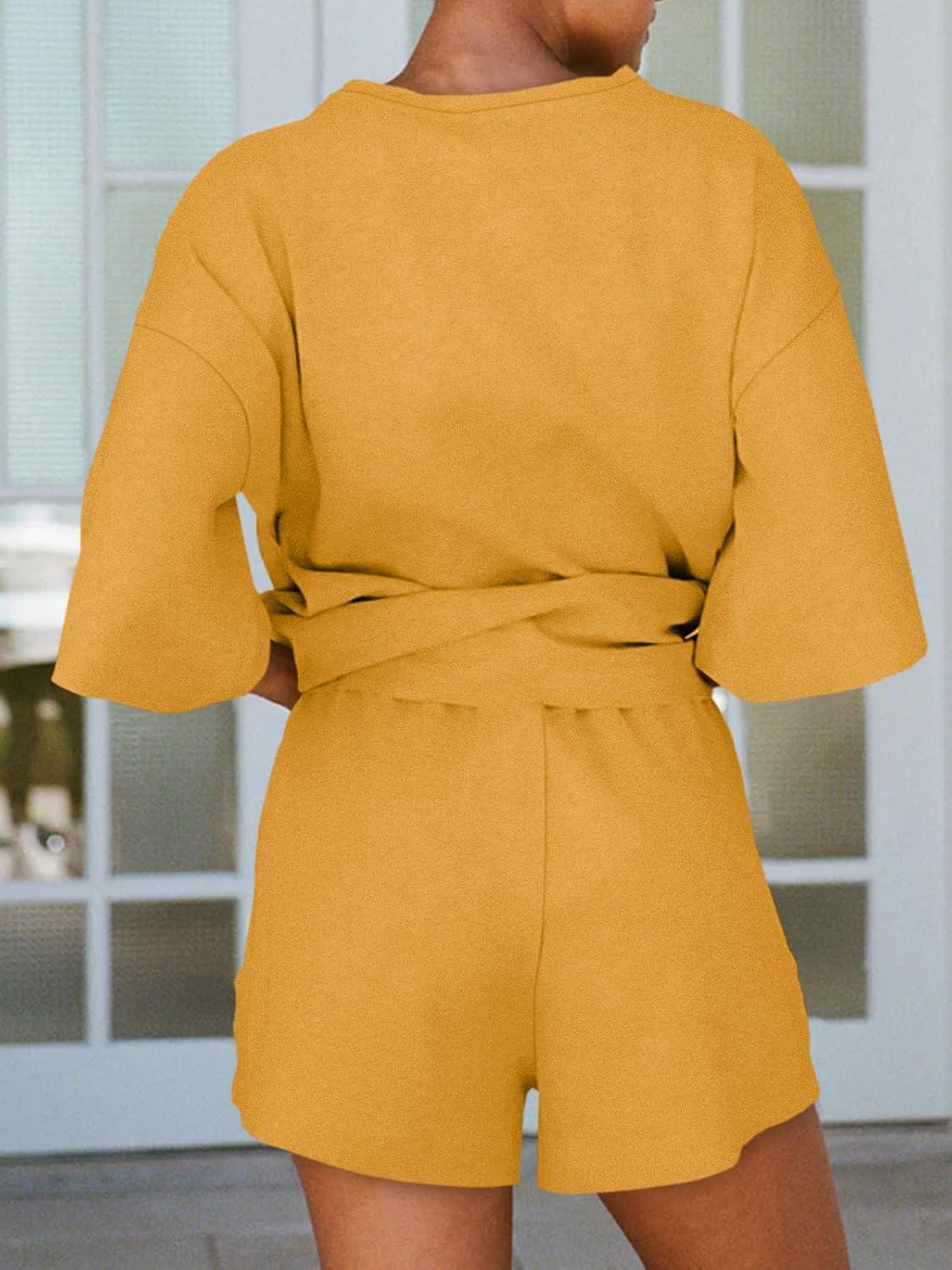 imageTankaneo Womens Pajama Sets 34 Sleeve Oversized Tops and Elastic Waist Shorts Lounge Sets LoungewearYellow