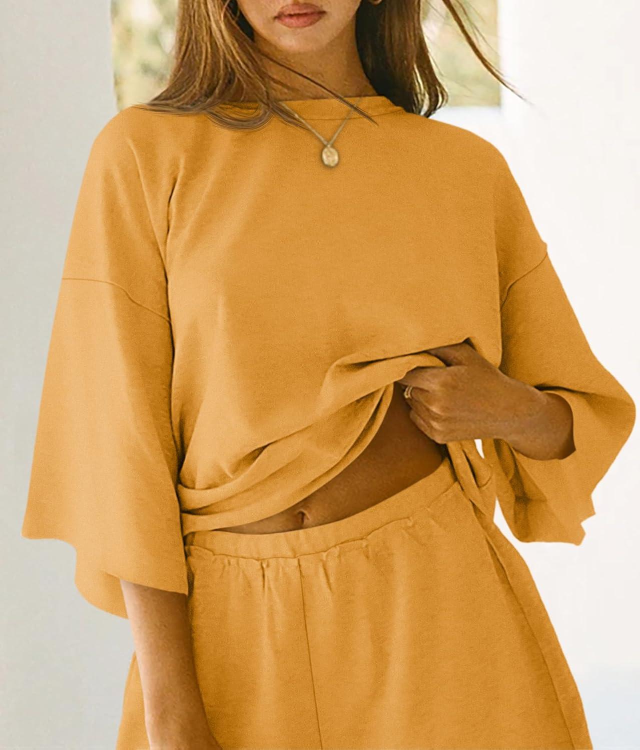 imageTankaneo Womens Pajama Sets 34 Sleeve Oversized Tops and Elastic Waist Shorts Lounge Sets LoungewearYellow