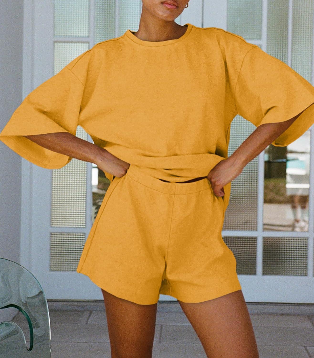 imageTankaneo Womens Pajama Sets 34 Sleeve Oversized Tops and Elastic Waist Shorts Lounge Sets LoungewearYellow