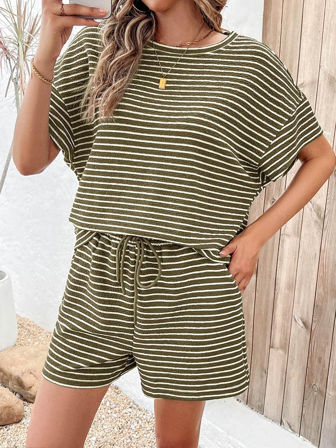 imageTankaneo Womens Pajama Sets Striped 2 Piece Lounge Sets Short Sleeve Oversized T Shirts Drawstring Shorts Matching SetArmy Green