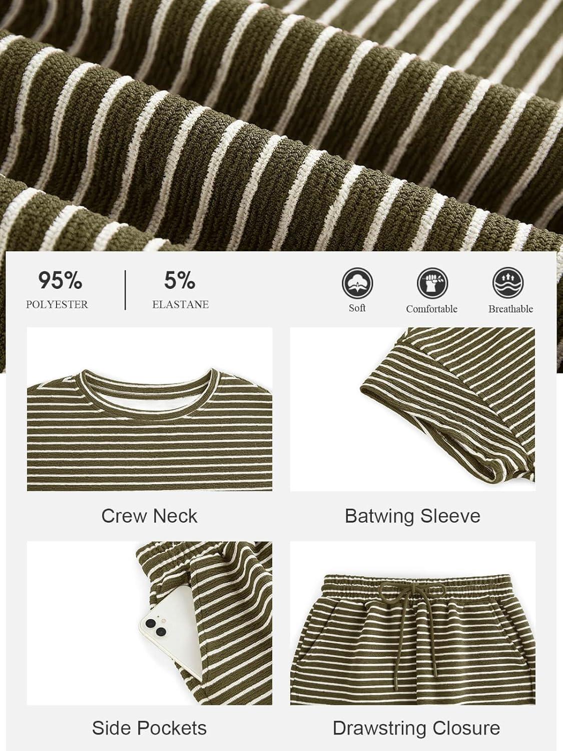 imageTankaneo Womens Pajama Sets Striped 2 Piece Lounge Sets Short Sleeve Oversized T Shirts Drawstring Shorts Matching SetArmy Green