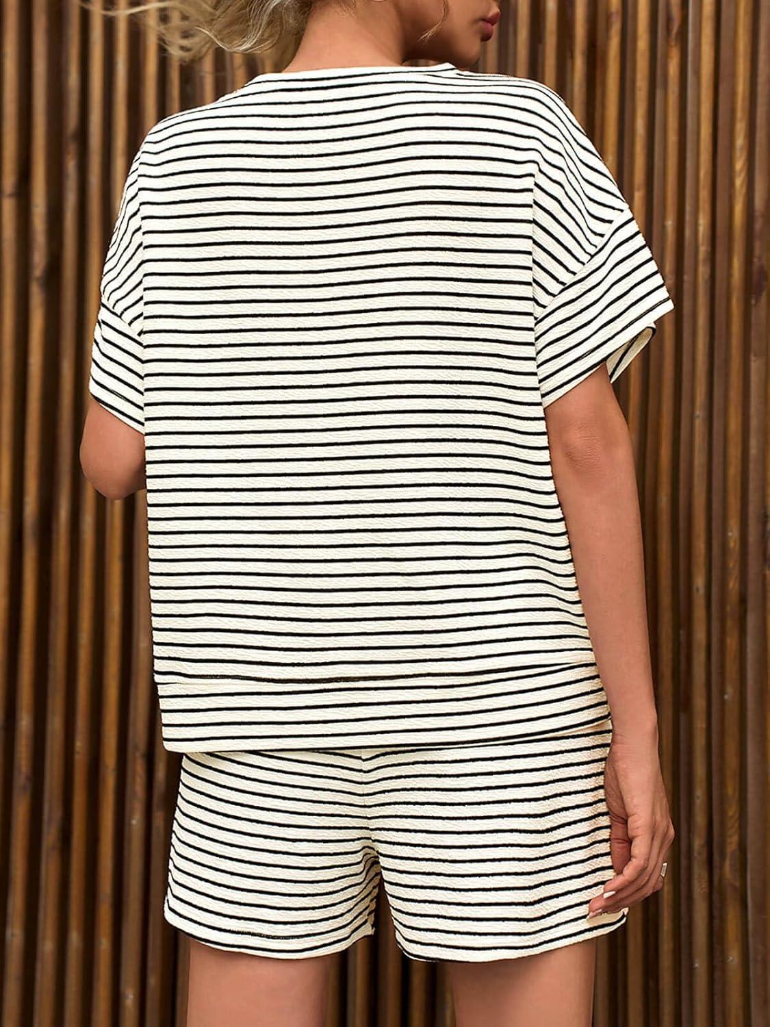 imageTankaneo Womens Pajama Sets Striped 2 Piece Lounge Sets Short Sleeve Oversized T Shirts Drawstring Shorts Matching SetBeige