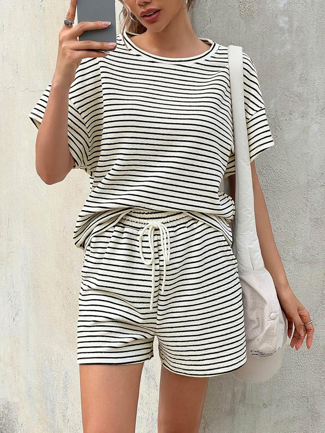 imageTankaneo Womens Pajama Sets Striped 2 Piece Lounge Sets Short Sleeve Oversized T Shirts Drawstring Shorts Matching SetBeige
