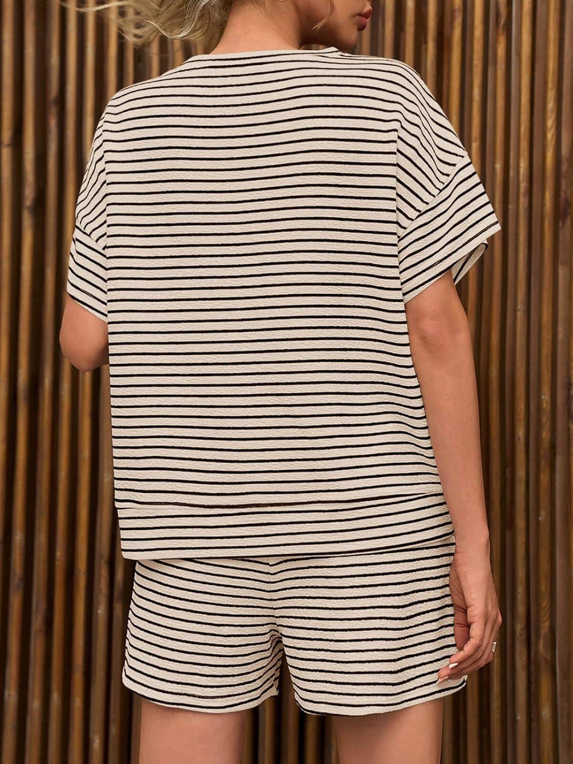 imageTankaneo Womens Pajama Sets Striped 2 Piece Lounge Sets Short Sleeve Oversized T Shirts Drawstring Shorts Matching SetBrown