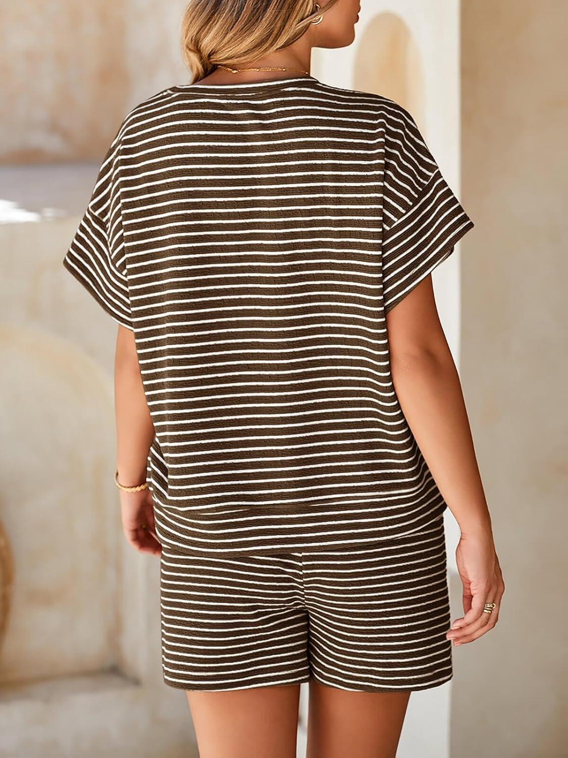 imageTankaneo Womens Pajama Sets Striped 2 Piece Lounge Sets Short Sleeve Oversized T Shirts Drawstring Shorts Matching SetCoffee