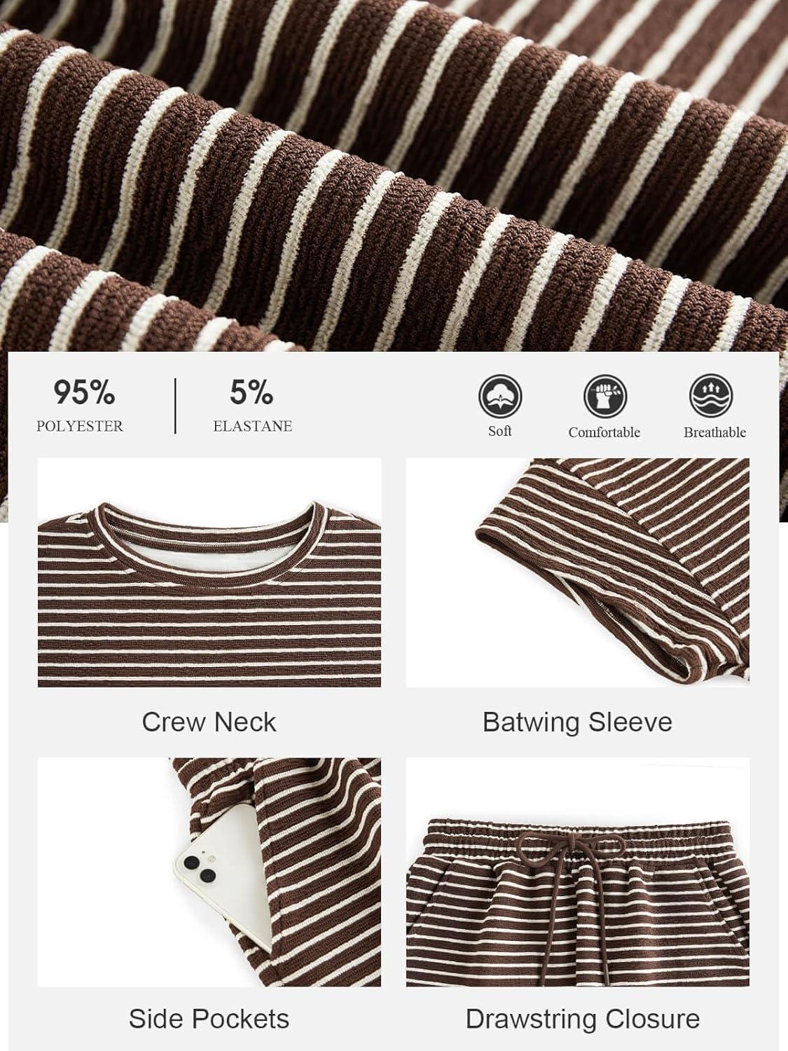 imageTankaneo Womens Pajama Sets Striped 2 Piece Lounge Sets Short Sleeve Oversized T Shirts Drawstring Shorts Matching SetCoffee