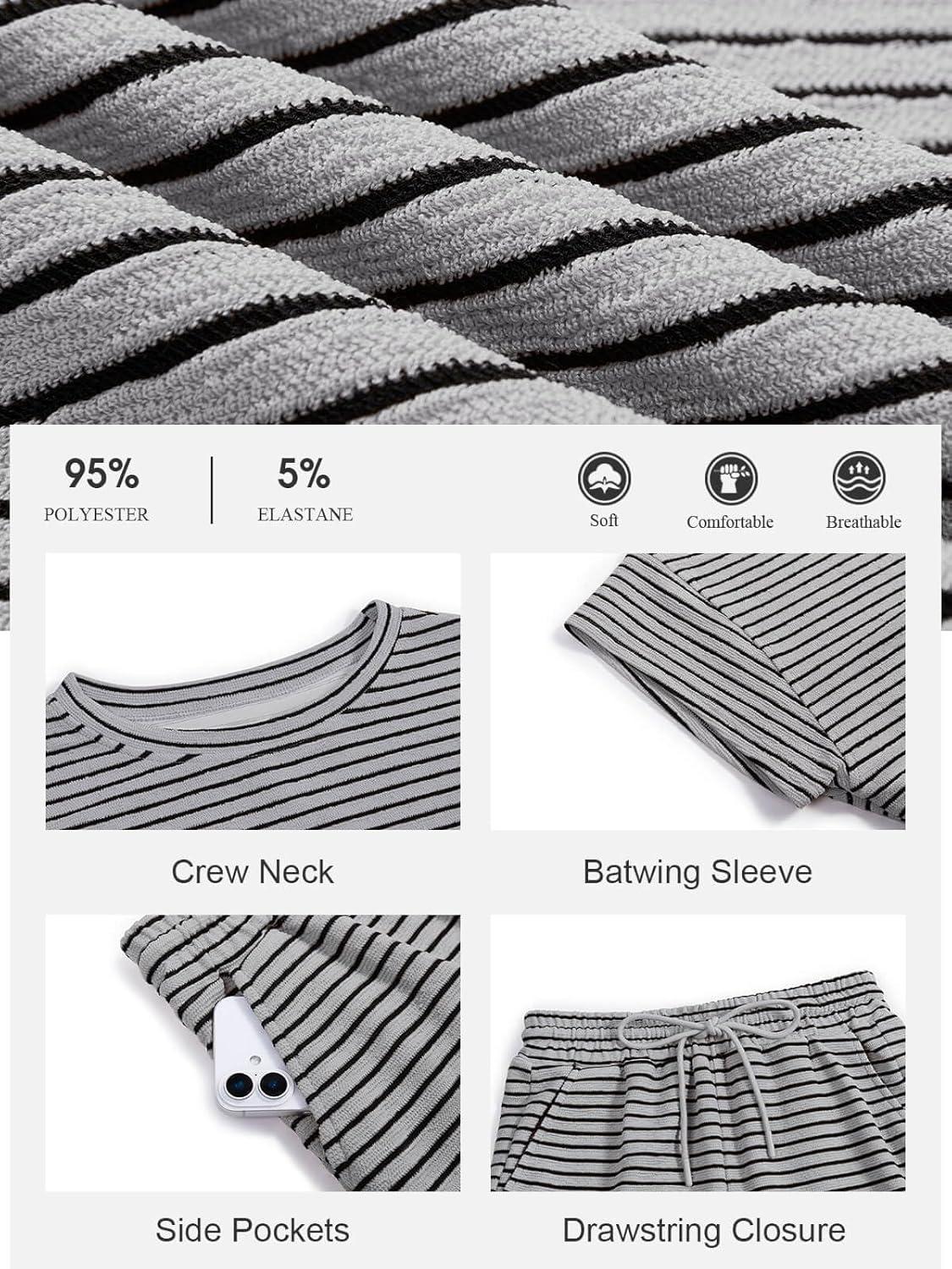 imageTankaneo Womens Pajama Sets Striped 2 Piece Lounge Sets Short Sleeve Oversized T Shirts Drawstring Shorts Matching SetGrey