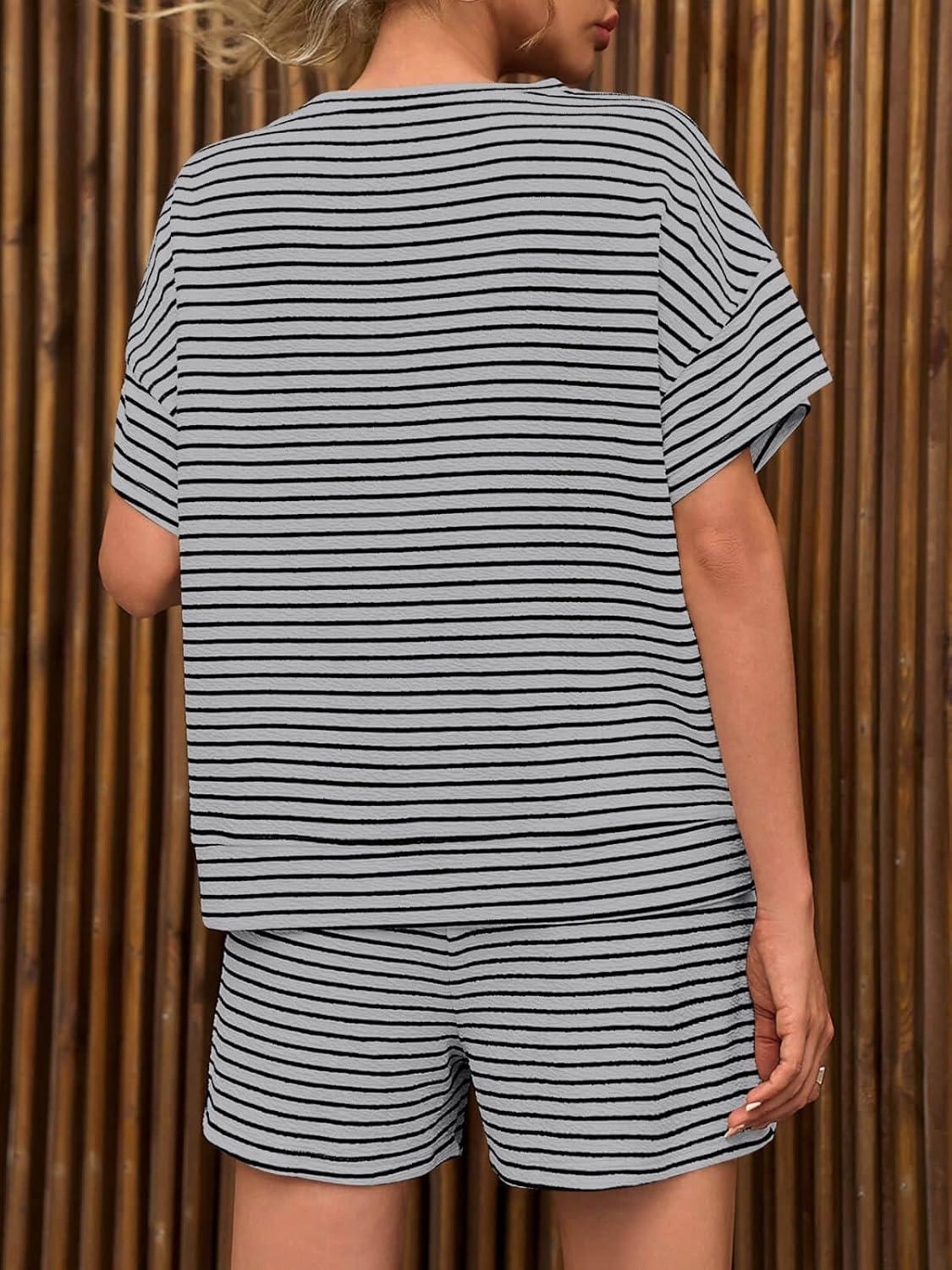 imageTankaneo Womens Pajama Sets Striped 2 Piece Lounge Sets Short Sleeve Oversized T Shirts Drawstring Shorts Matching SetGrey