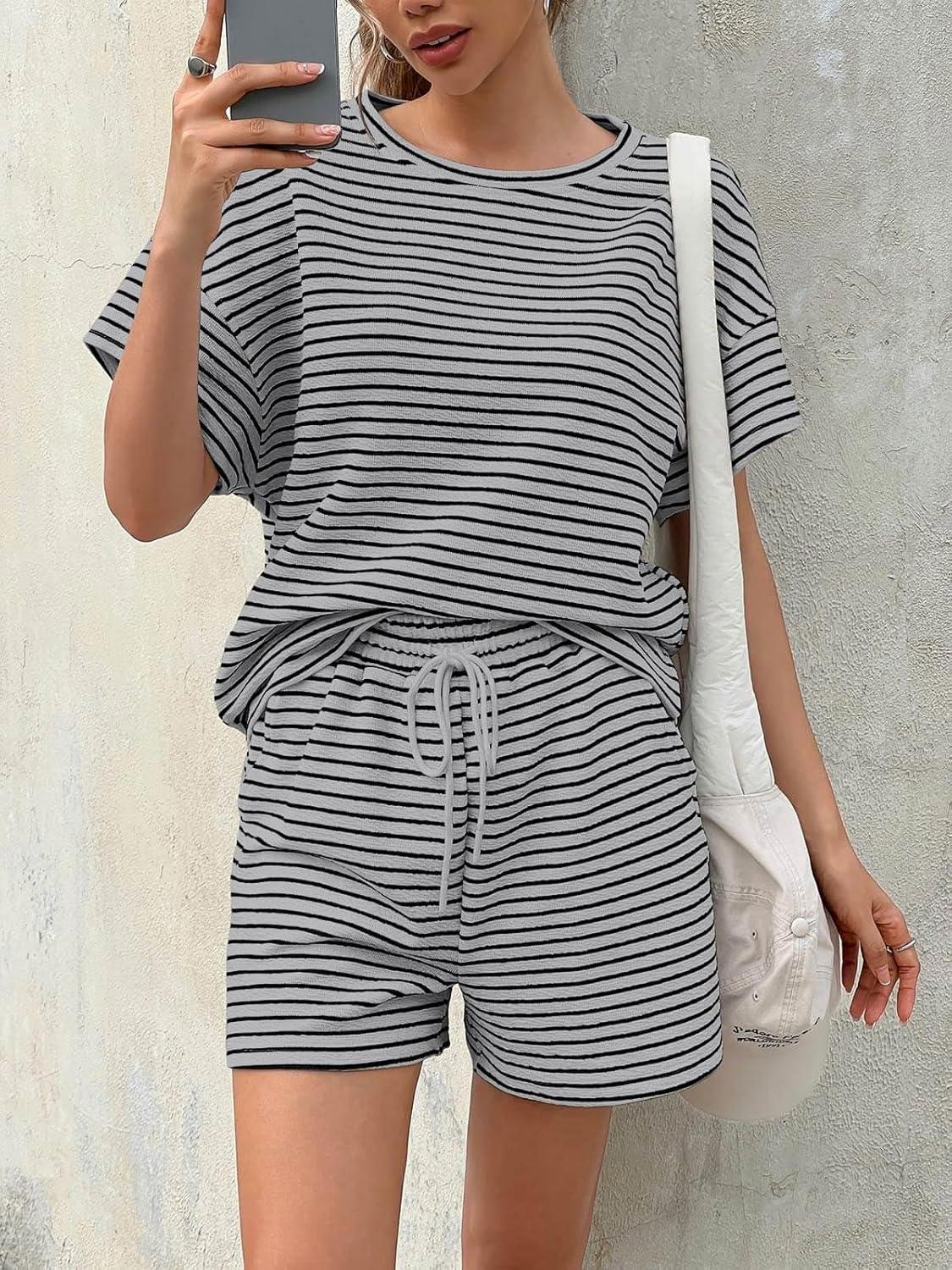 imageTankaneo Womens Pajama Sets Striped 2 Piece Lounge Sets Short Sleeve Oversized T Shirts Drawstring Shorts Matching SetGrey