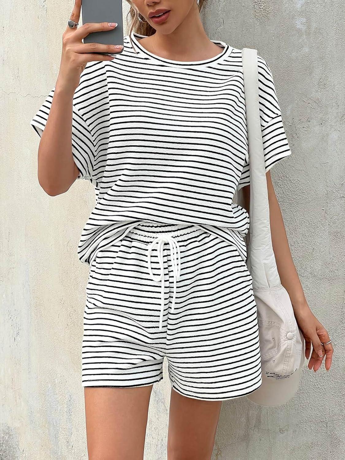 imageTankaneo Womens Pajama Sets Striped 2 Piece Lounge Sets Short Sleeve Oversized T Shirts Drawstring Shorts Matching SetWhite