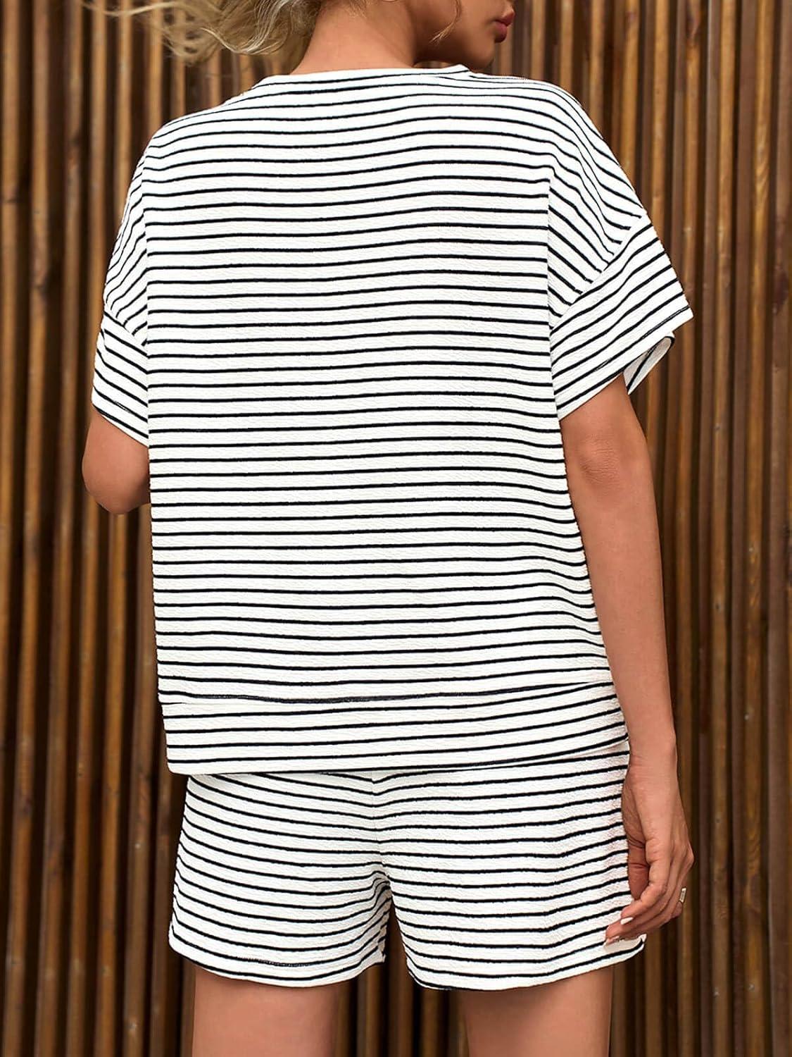 imageTankaneo Womens Pajama Sets Striped 2 Piece Lounge Sets Short Sleeve Oversized T Shirts Drawstring Shorts Matching SetWhite