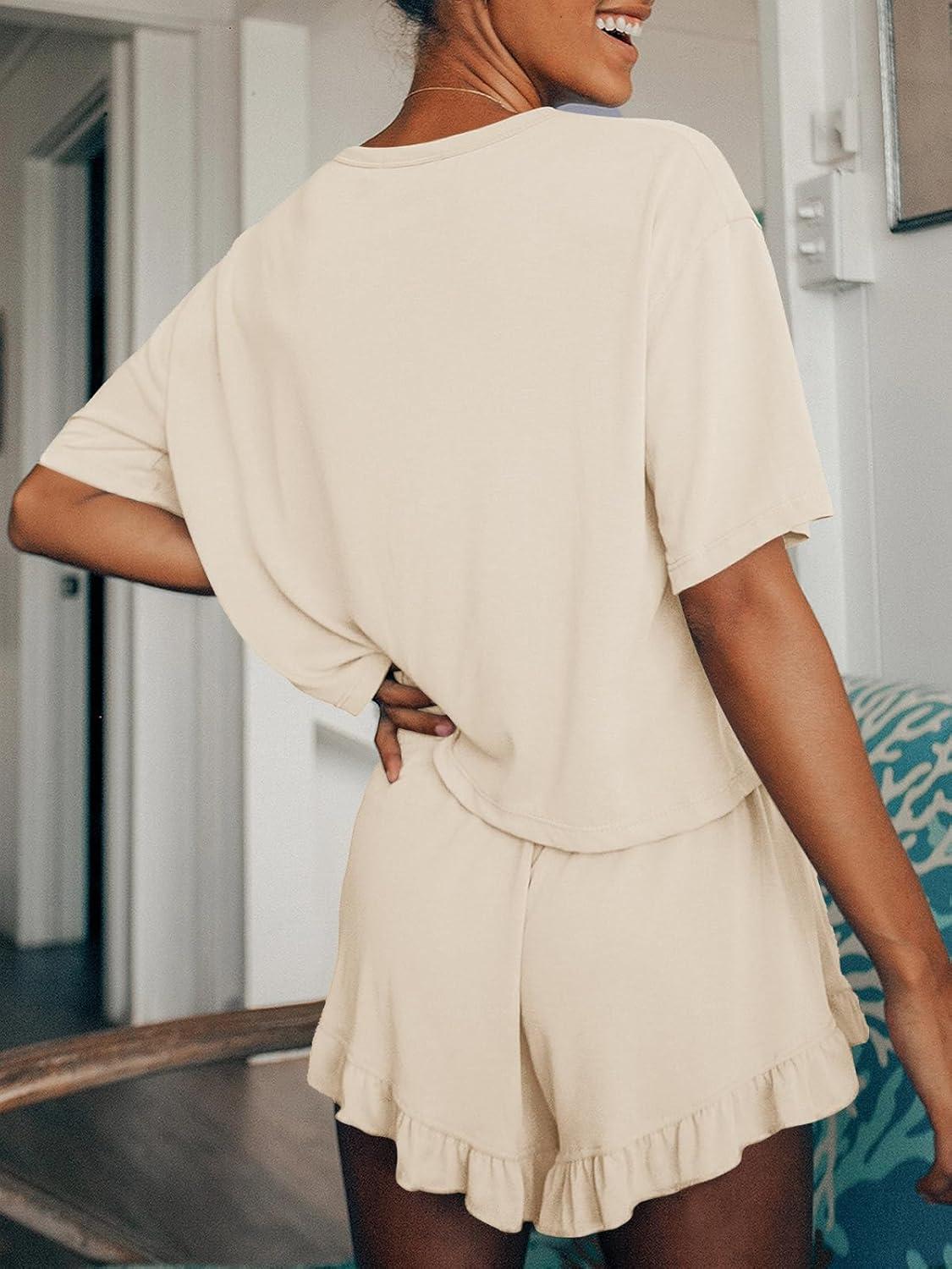 imageTankaneo Womens Pajamas Set Lounge Sets Cropped Short Sleeve T Shirts Drawstring Ruffle Shorts Soft SleepwearBeige