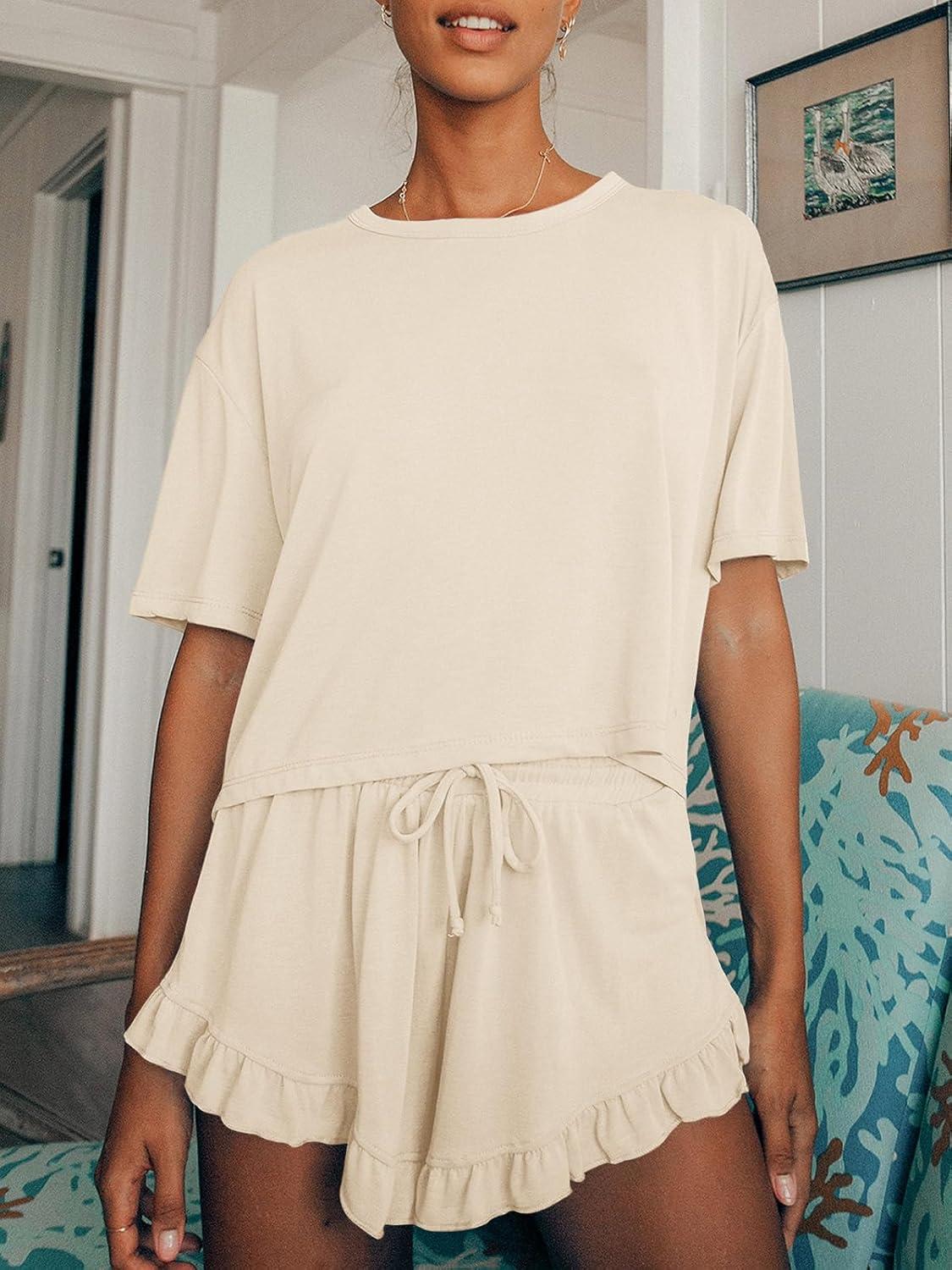 imageTankaneo Womens Pajamas Set Lounge Sets Cropped Short Sleeve T Shirts Drawstring Ruffle Shorts Soft SleepwearBeige