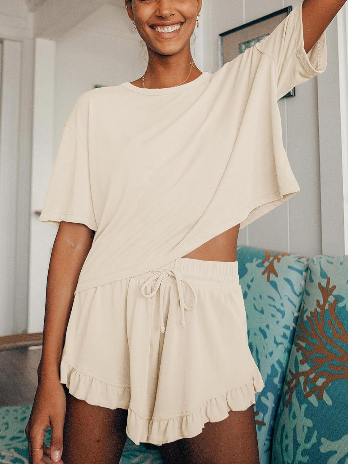 imageTankaneo Womens Pajamas Set Lounge Sets Cropped Short Sleeve T Shirts Drawstring Ruffle Shorts Soft SleepwearBeige