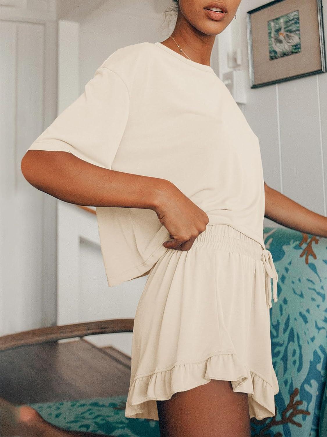 imageTankaneo Womens Pajamas Set Lounge Sets Cropped Short Sleeve T Shirts Drawstring Ruffle Shorts Soft SleepwearBeige