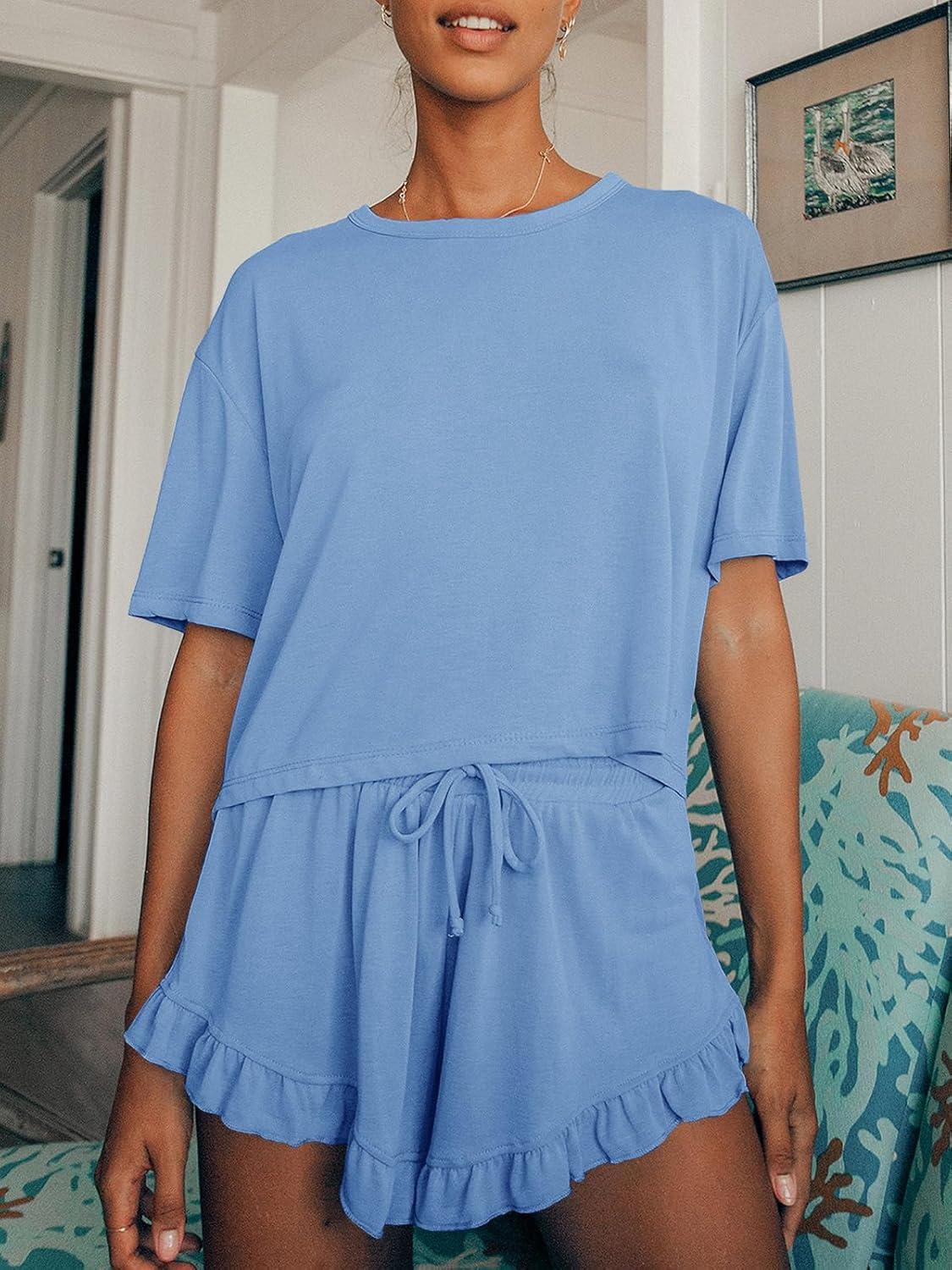 imageTankaneo Womens Pajamas Set Lounge Sets Cropped Short Sleeve T Shirts Drawstring Ruffle Shorts Soft SleepwearLight Blue