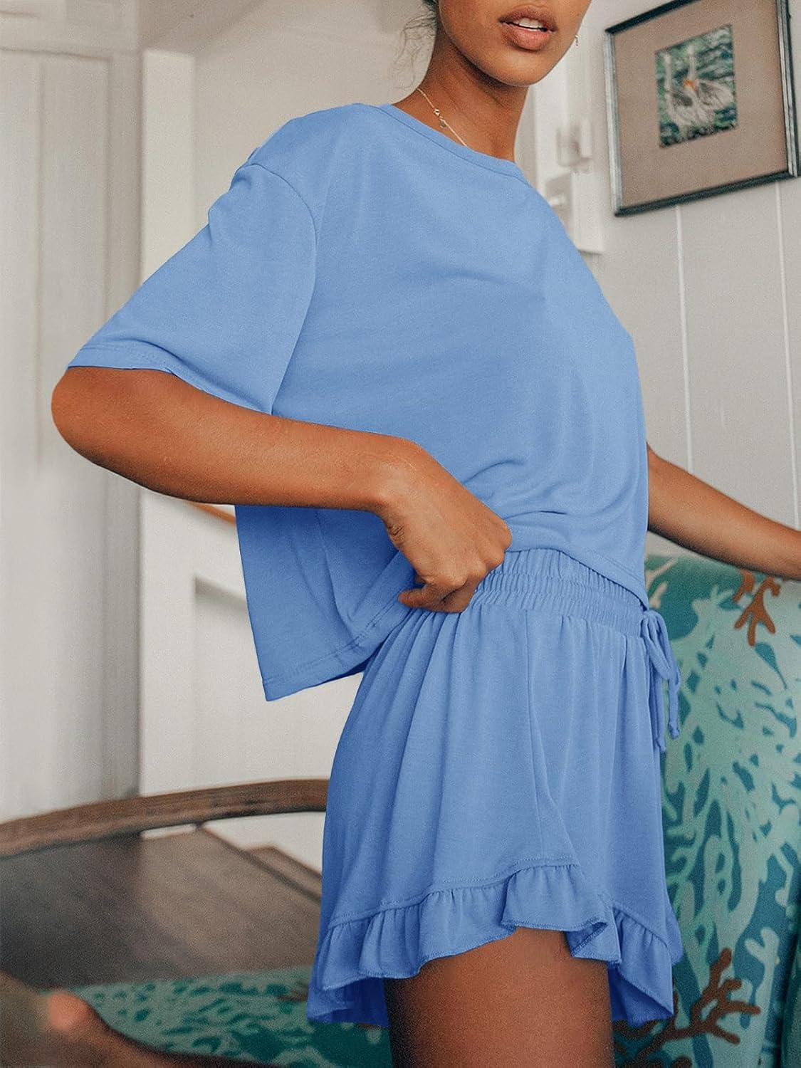 imageTankaneo Womens Pajamas Set Lounge Sets Cropped Short Sleeve T Shirts Drawstring Ruffle Shorts Soft SleepwearLight Blue