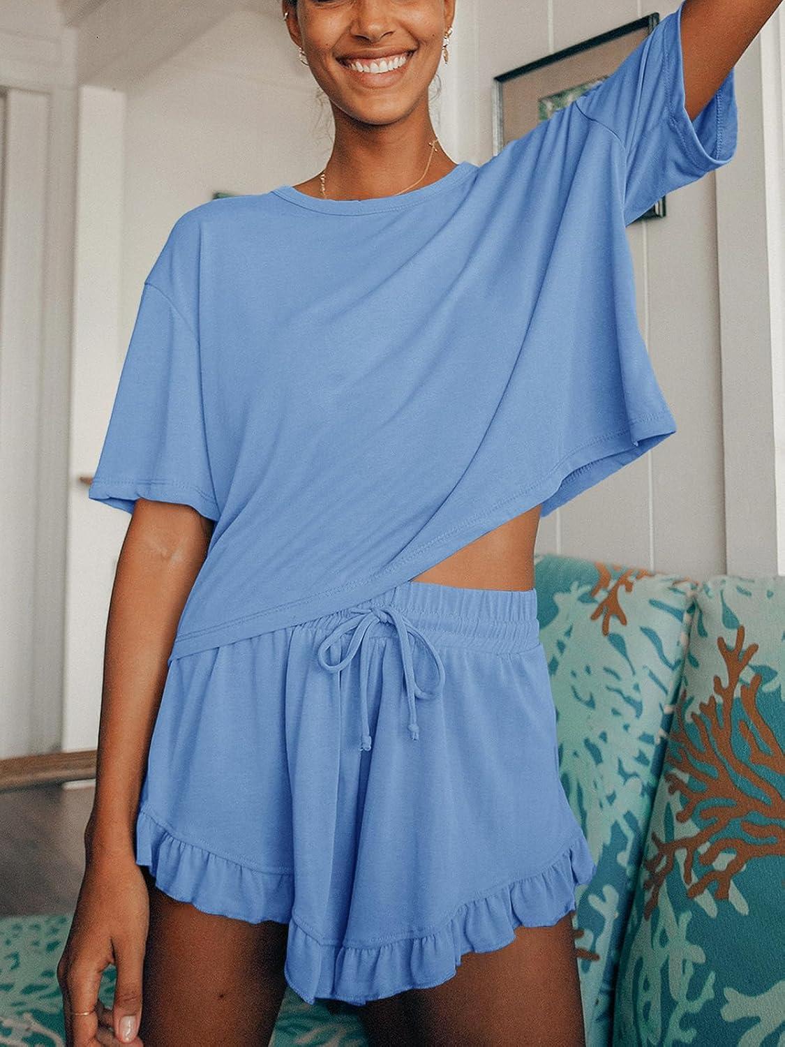 imageTankaneo Womens Pajamas Set Lounge Sets Cropped Short Sleeve T Shirts Drawstring Ruffle Shorts Soft SleepwearLight Blue