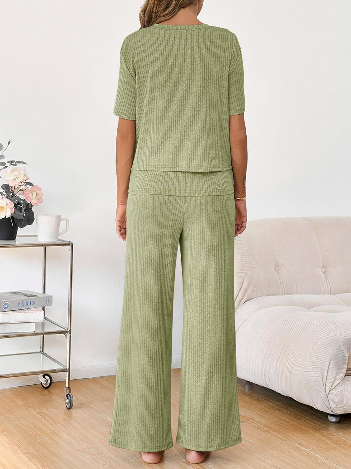 imageTankaneo Womens Postpartum Maternity Pajamas 2 Piece Sets Rib Short Sleeve Nursing Tops and Elastic Waist Pants LoungewearArmy Green