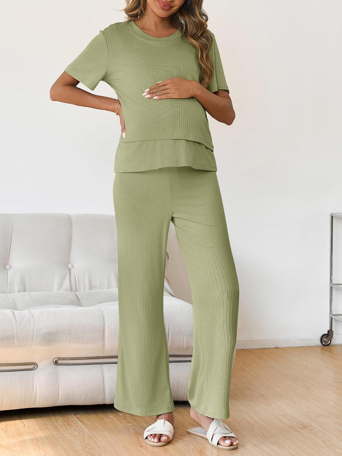 imageTankaneo Womens Postpartum Maternity Pajamas 2 Piece Sets Rib Short Sleeve Nursing Tops and Elastic Waist Pants LoungewearArmy Green