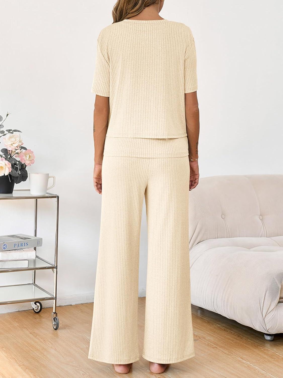 imageTankaneo Womens Postpartum Maternity Pajamas 2 Piece Sets Rib Short Sleeve Nursing Tops and Elastic Waist Pants LoungewearBeige