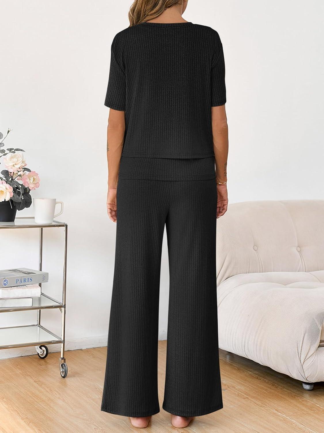 imageTankaneo Womens Postpartum Maternity Pajamas 2 Piece Sets Rib Short Sleeve Nursing Tops and Elastic Waist Pants LoungewearBlack