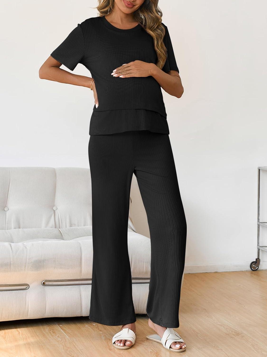 imageTankaneo Womens Postpartum Maternity Pajamas 2 Piece Sets Rib Short Sleeve Nursing Tops and Elastic Waist Pants LoungewearBlack