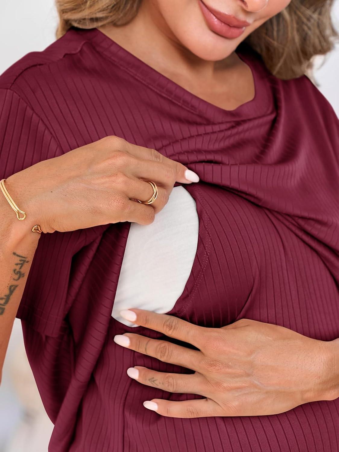 imageTankaneo Womens Postpartum Maternity Pajamas 2 Piece Sets Rib Short Sleeve Nursing Tops and Elastic Waist Pants LoungewearBurgundy