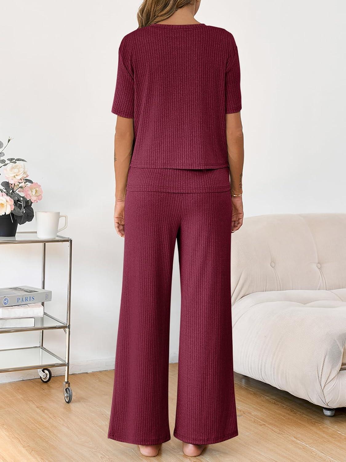 imageTankaneo Womens Postpartum Maternity Pajamas 2 Piece Sets Rib Short Sleeve Nursing Tops and Elastic Waist Pants LoungewearBurgundy