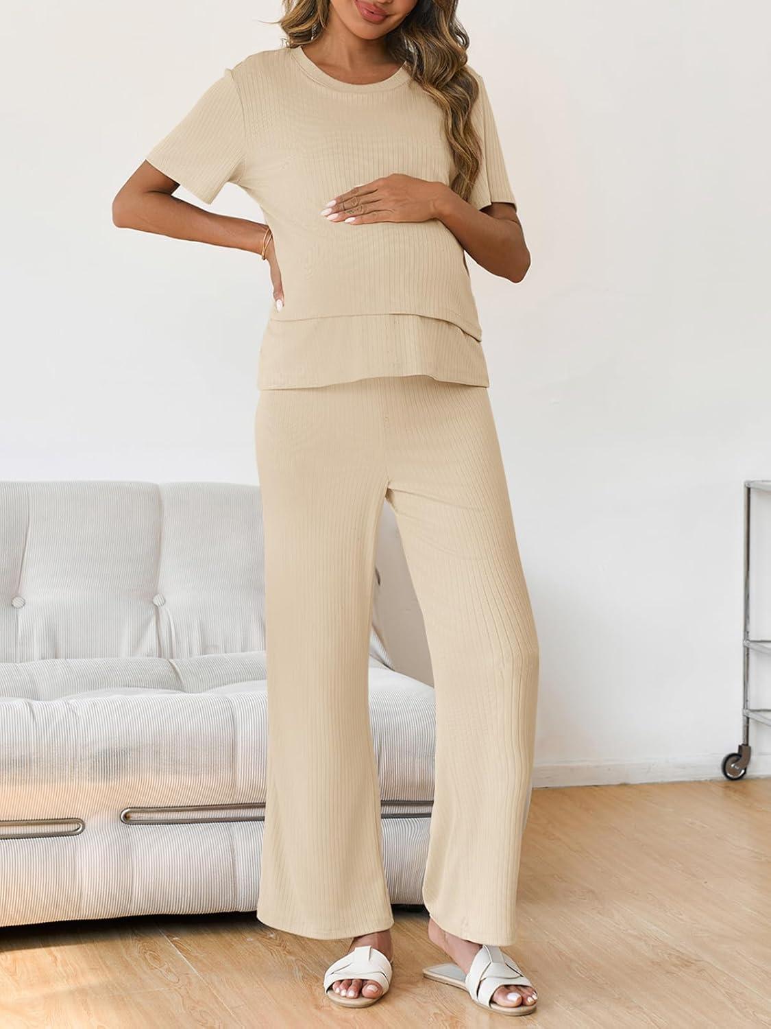 imageTankaneo Womens Postpartum Maternity Pajamas 2 Piece Sets Rib Short Sleeve Nursing Tops and Elastic Waist Pants LoungewearKhaki