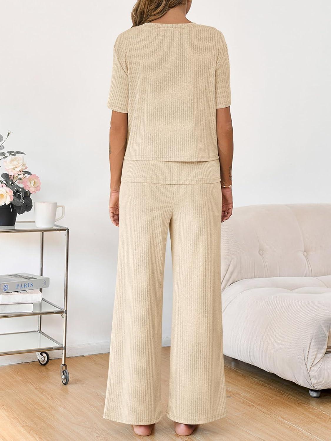 imageTankaneo Womens Postpartum Maternity Pajamas 2 Piece Sets Rib Short Sleeve Nursing Tops and Elastic Waist Pants LoungewearKhaki