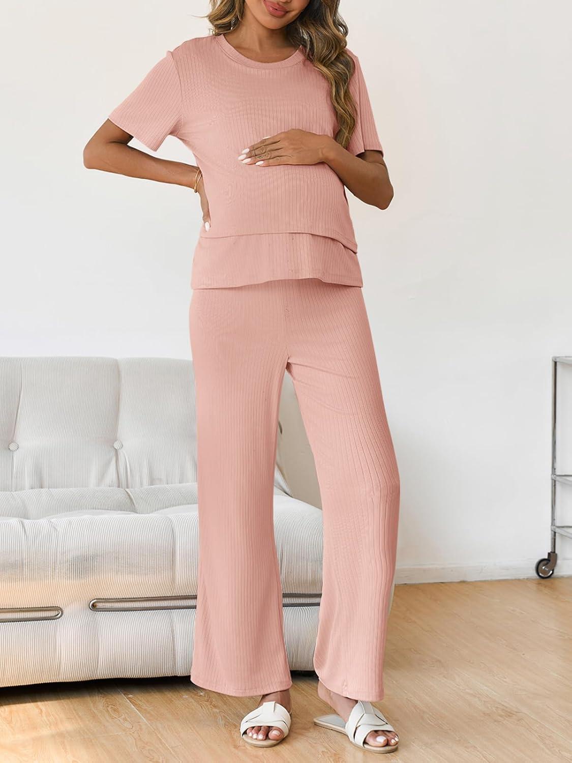 imageTankaneo Womens Postpartum Maternity Pajamas 2 Piece Sets Rib Short Sleeve Nursing Tops and Elastic Waist Pants LoungewearPink