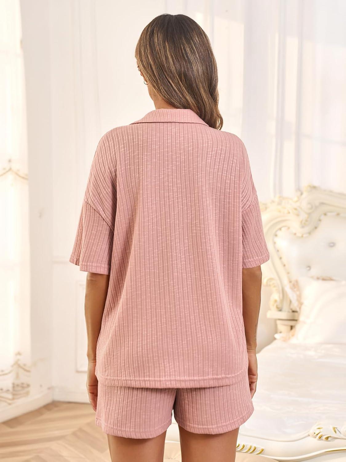 imageTankaneo Womens Ribbed Knit 2 Piece Pajama Sets Button Down Short Sleeve Tops and Shorts Set Summer Casual LoungewearPink