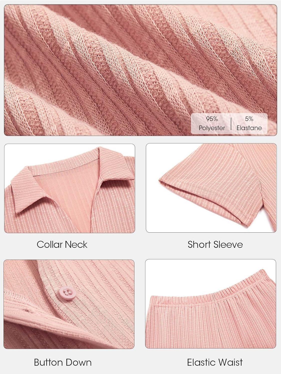 imageTankaneo Womens Ribbed Knit 2 Piece Pajama Sets Button Down Short Sleeve Tops and Shorts Set Summer Casual LoungewearPink