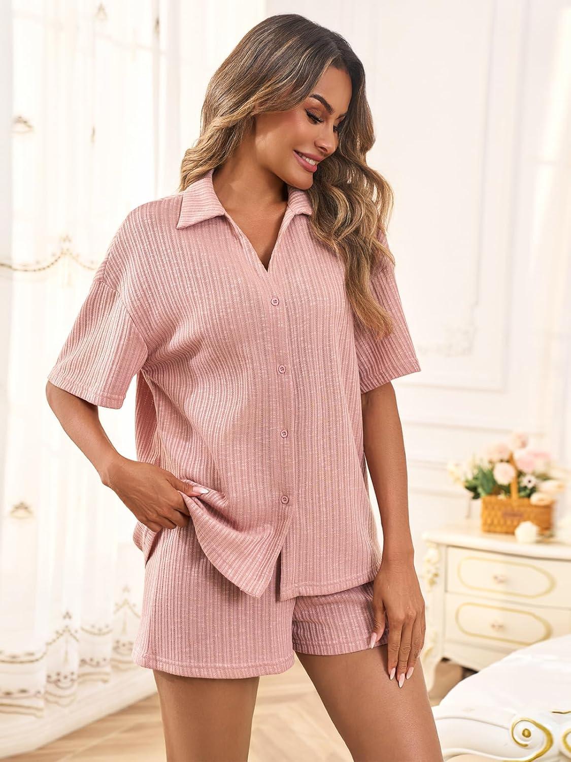 imageTankaneo Womens Ribbed Knit 2 Piece Pajama Sets Button Down Short Sleeve Tops and Shorts Set Summer Casual LoungewearPink