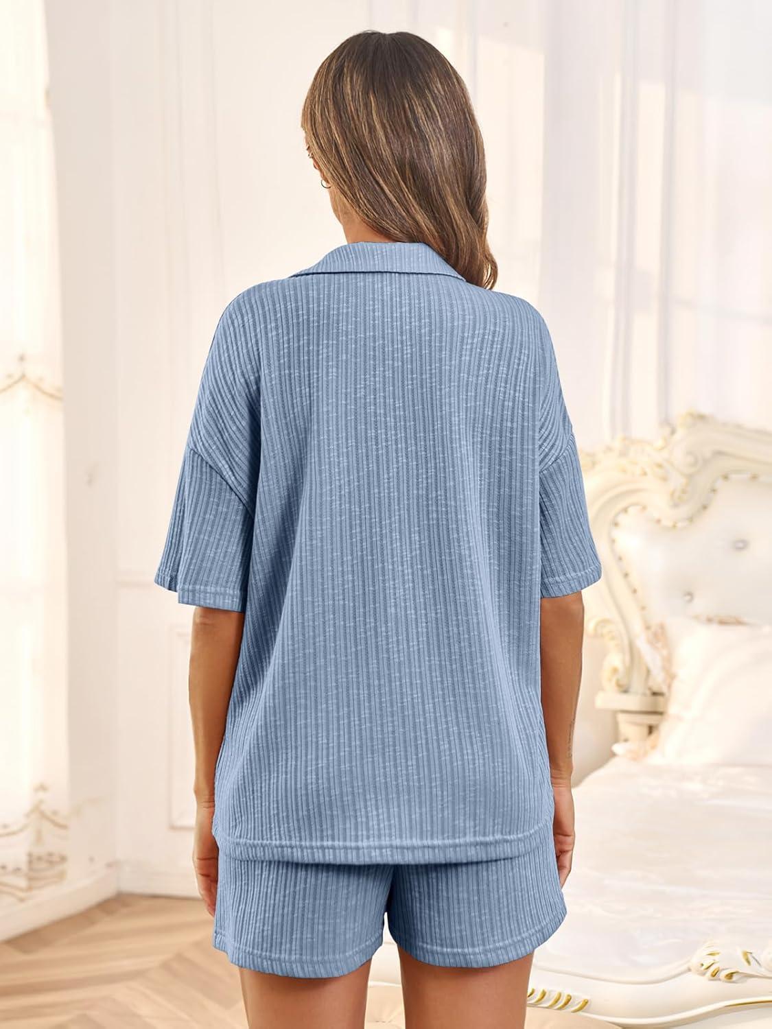 imageTankaneo Womens Ribbed Knit 2 Piece Pajama Sets Button Down Short Sleeve Tops and Shorts Set Summer Casual LoungewearSky Blue