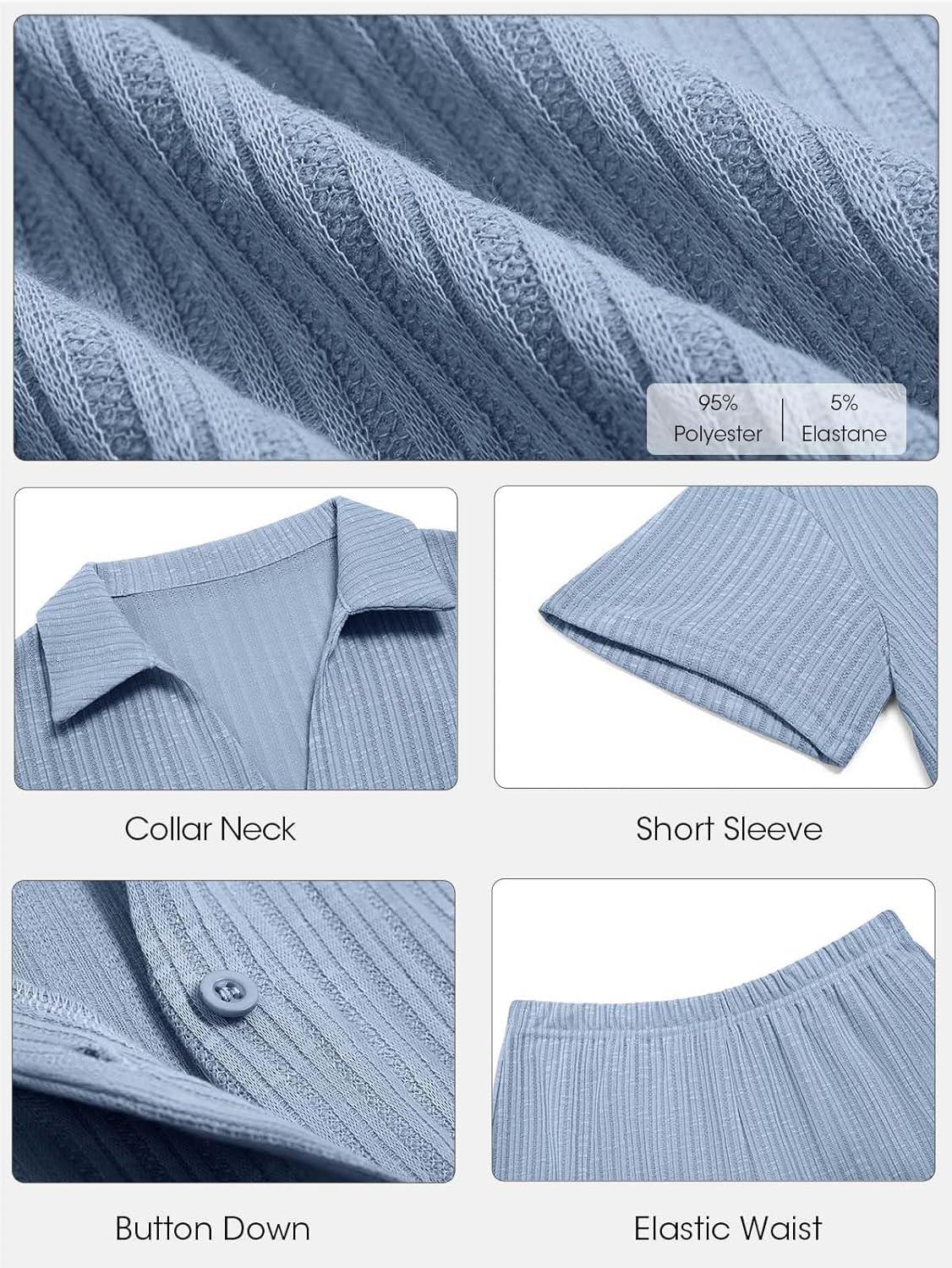 imageTankaneo Womens Ribbed Knit 2 Piece Pajama Sets Button Down Short Sleeve Tops and Shorts Set Summer Casual LoungewearSky Blue