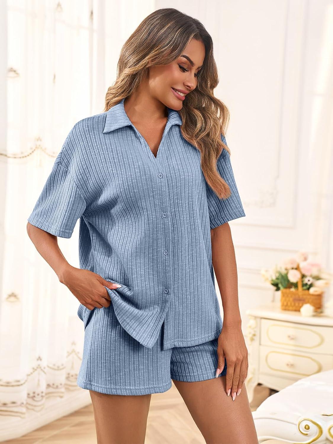 imageTankaneo Womens Ribbed Knit 2 Piece Pajama Sets Button Down Short Sleeve Tops and Shorts Set Summer Casual LoungewearSky Blue