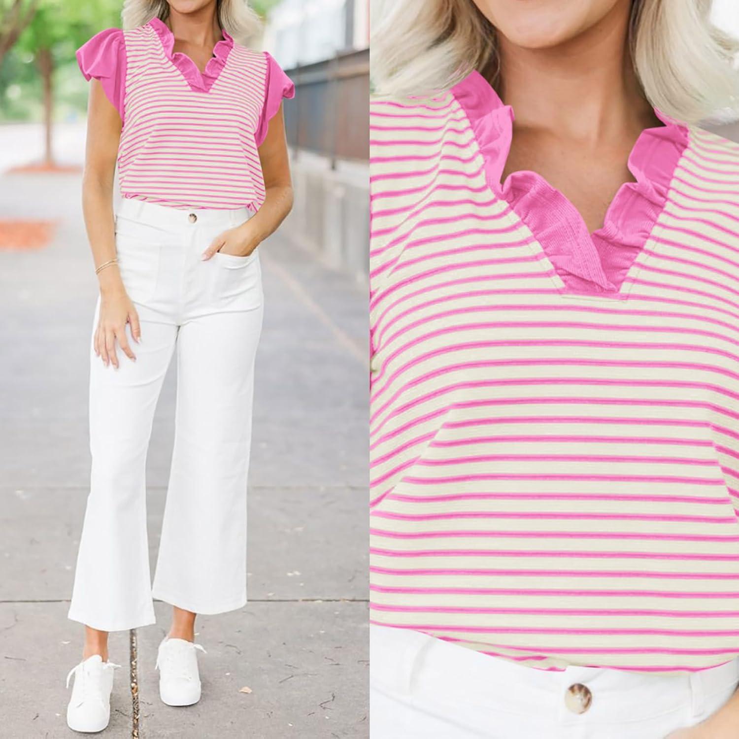 imageTankaneo Womens Ruffle Cap Sleeve Tank Tops Summer Casual Cute Color Block Striped Tshirts Pleated V Neck ShirtsPink