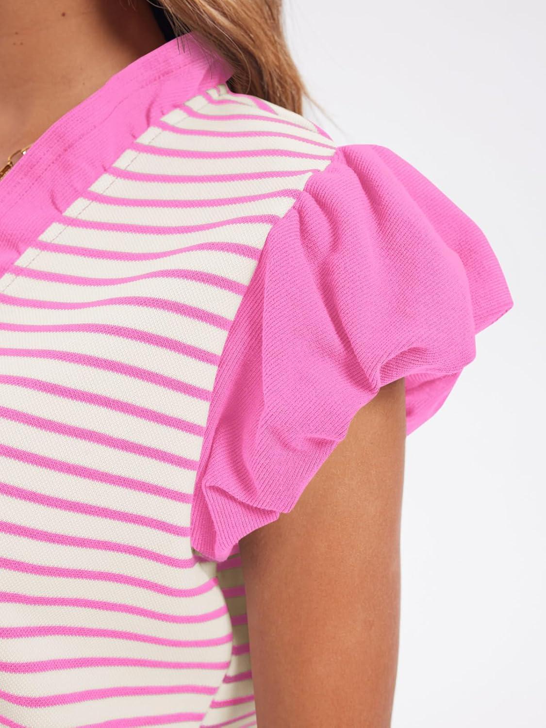 imageTankaneo Womens Ruffle Cap Sleeve Tank Tops Summer Casual Cute Color Block Striped Tshirts Pleated V Neck ShirtsPink