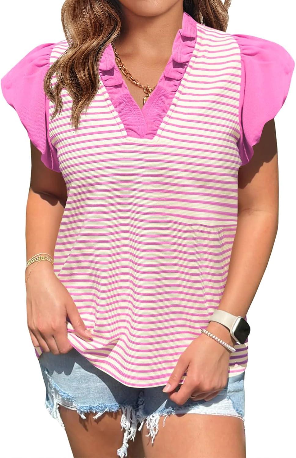 imageTankaneo Womens Ruffle Cap Sleeve Tank Tops Summer Casual Cute Color Block Striped Tshirts Pleated V Neck ShirtsPink