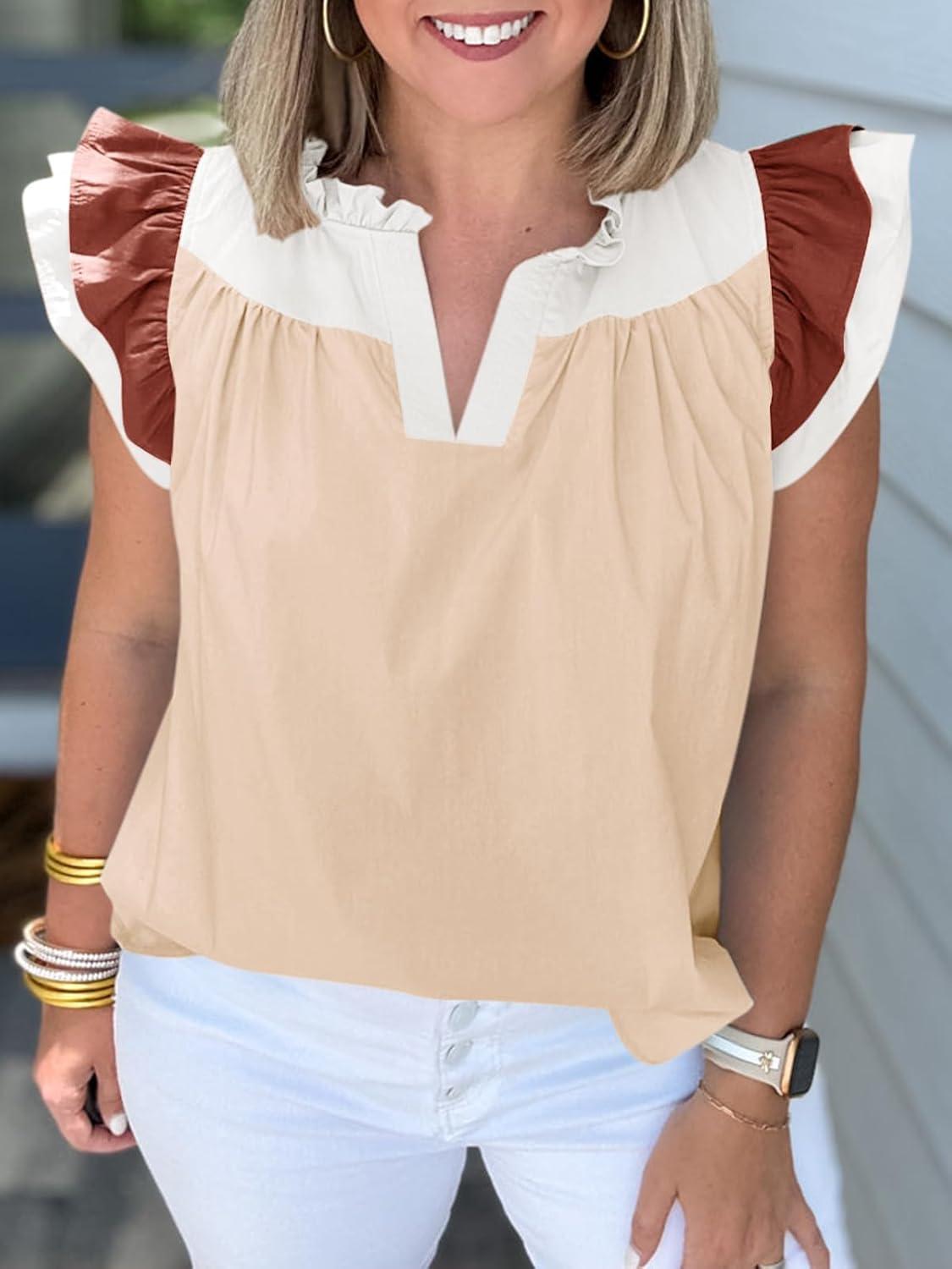 imageTankaneo Womens Ruffle Color Block Tank Tops Summer Casual Dressy V Neck Pleated Blouse Loose Fit Sleeveless ShirtsBeige