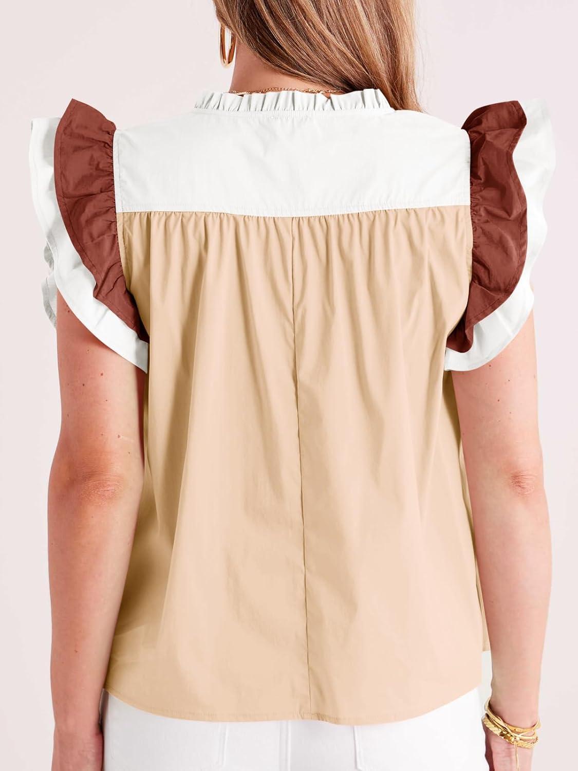 imageTankaneo Womens Ruffle Color Block Tank Tops Summer Casual Dressy V Neck Pleated Blouse Loose Fit Sleeveless ShirtsBeige