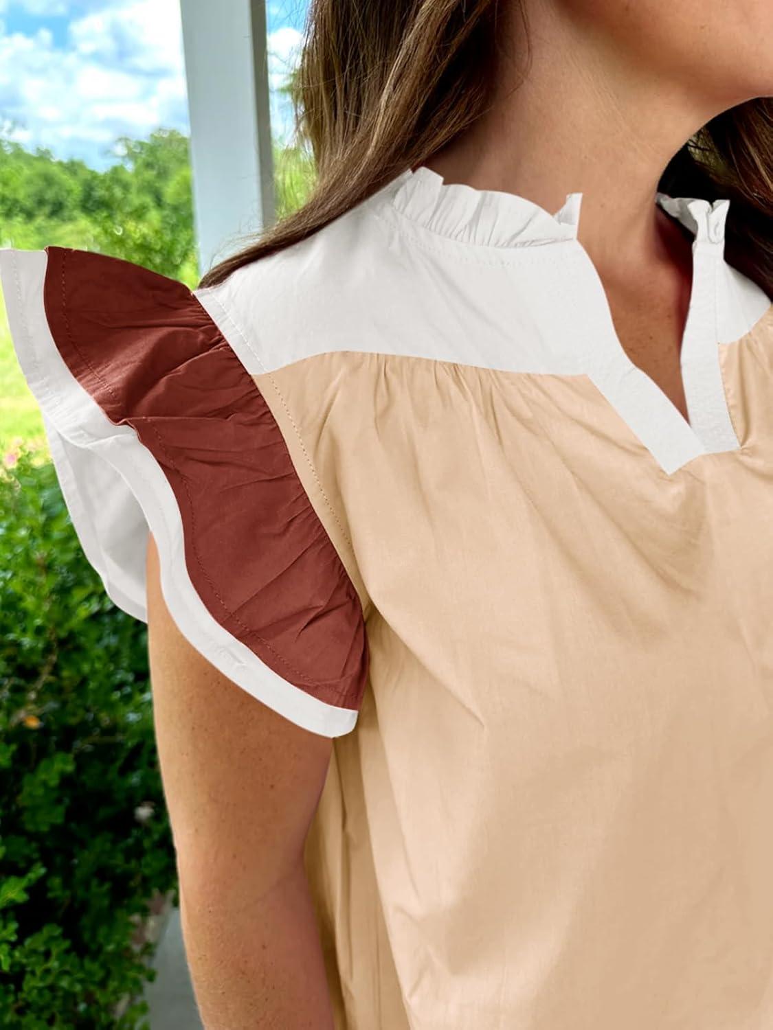 imageTankaneo Womens Ruffle Color Block Tank Tops Summer Casual Dressy V Neck Pleated Blouse Loose Fit Sleeveless ShirtsBeige