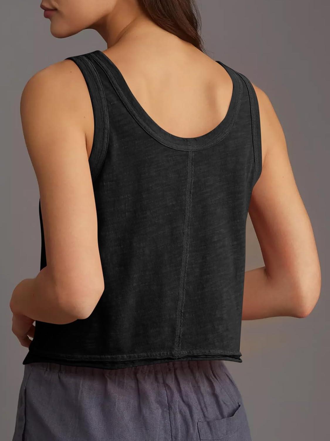 imageTankaneo Womens Scoop Neck Cropped Tank Tops Summer Casual Cotton Workout Sleeveless Shirts Loose Fit Basic Tee