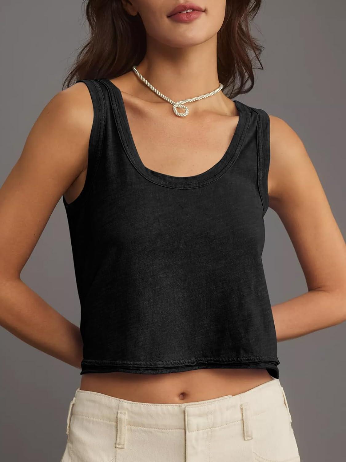 imageTankaneo Womens Scoop Neck Cropped Tank Tops Summer Casual Cotton Workout Sleeveless Shirts Loose Fit Basic Tee