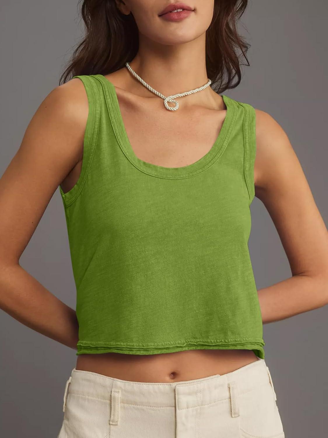 imageTankaneo Womens Scoop Neck Cropped Tank Tops Summer Casual Cotton Workout Sleeveless Shirts Loose Fit Basic TeeGreen