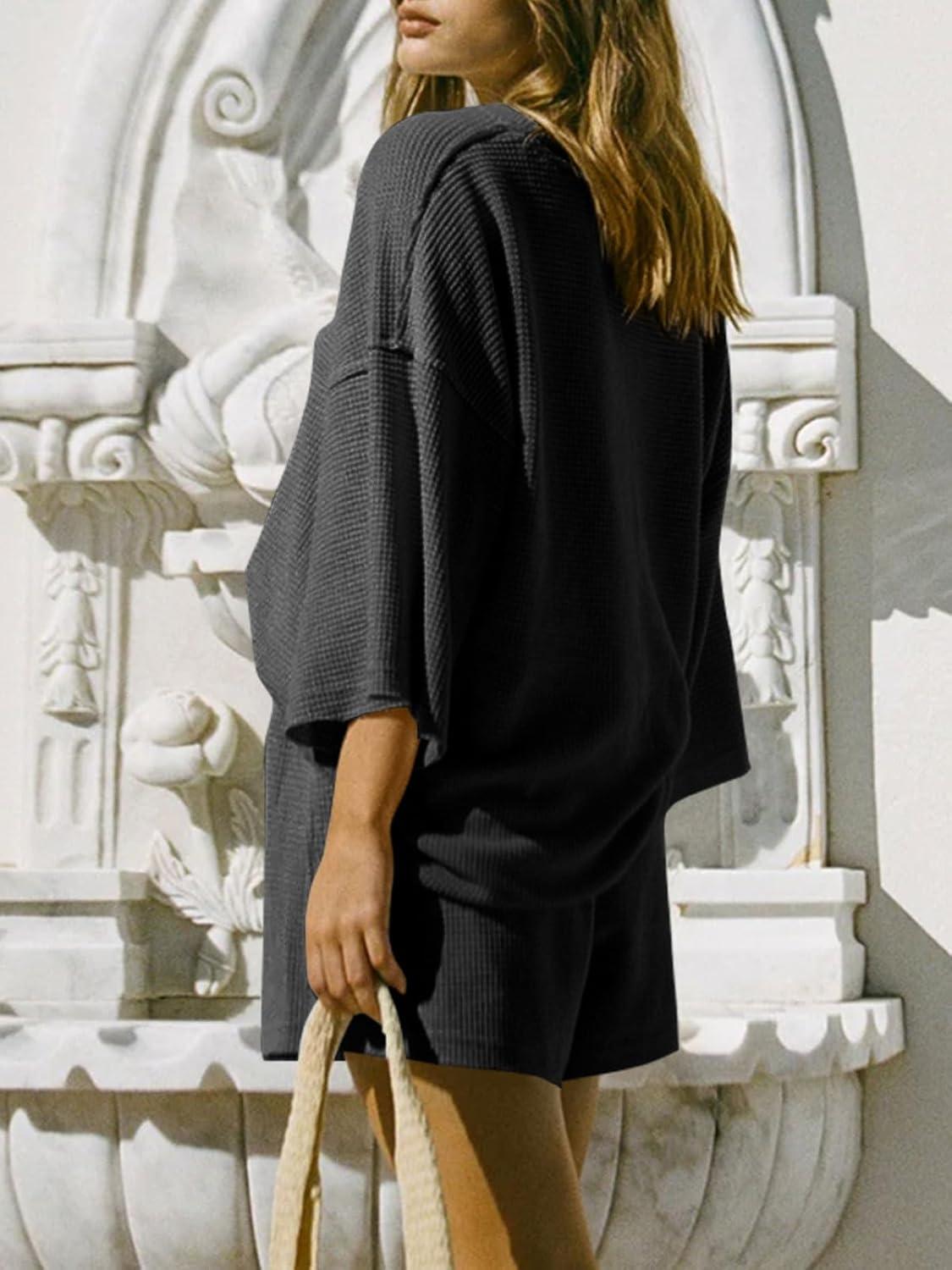 imageTankaneo Womens Short Sets 2 Piece Outfits 34 Sleeve Tops and Elastic Waist Shorts Lounge Set Casual LoungewearBlack